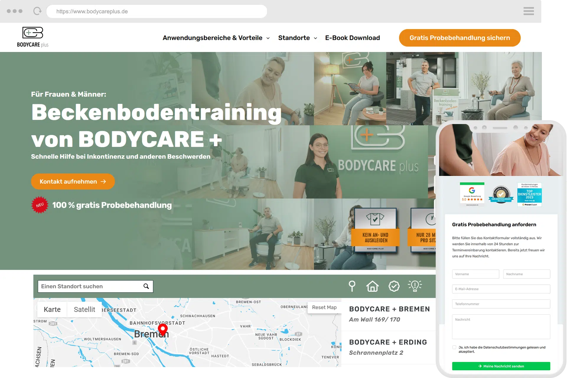 Referenz einer von BYTEFOREST produzierten Brand-Internetpräsenz für 13 Standorte eines Anbieters für das EMP-Beckenbodentraining - Webseite erstellen lassen